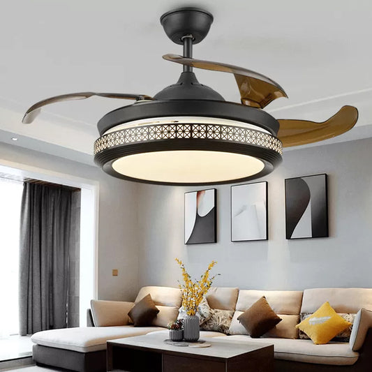 4-Blade Hollow-out Circle Semi Flush Contemporary Acrylic 20" Wide LED Black Pendant Fan Light Fixture Clearhalo 'Ceiling Fans with Lights' 'Ceiling Fans' 'Modern Ceiling Fans' 'Modern' Lighting' 1982272