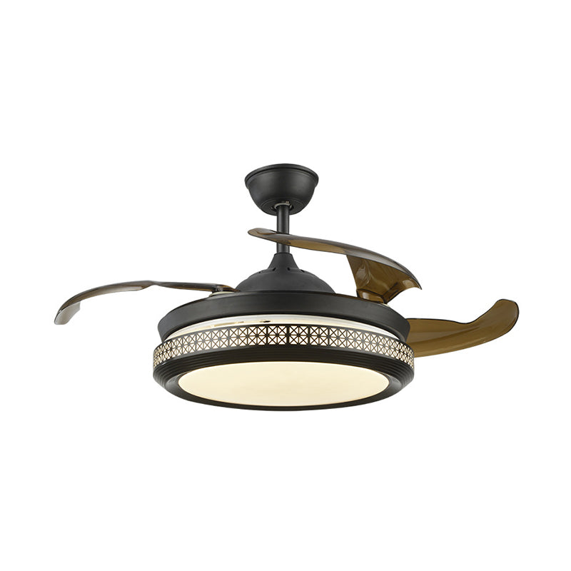 4-Blade Hollow-out Circle Semi Flush Contemporary Acrylic 20" Wide LED Black Pendant Fan Light Fixture Clearhalo 'Ceiling Fans with Lights' 'Ceiling Fans' 'Modern Ceiling Fans' 'Modern' Lighting' 1982273