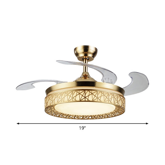 Gold Nest Shaped 4 Blades Semi-Flush Mount Simple LED Metallic Ceiling Fan Light, 19" Wide Clearhalo 'Ceiling Fans with Lights' 'Ceiling Fans' 'Modern Ceiling Fans' 'Modern' Lighting' 1982281