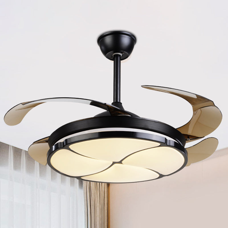 Nordic LED Hanging Fan Light Black Blossom 19" Wide Semi Flush Mount with Acrylic Shade, 4 Blades Black Clearhalo 'Ceiling Fans with Lights' 'Ceiling Fans' 'Modern Ceiling Fans' 'Modern' Lighting' 1982282