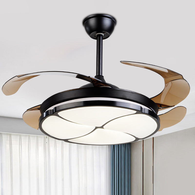 Nordic LED Hanging Fan Light Black Blossom 19" Wide Semi Flush Mount with Acrylic Shade, 4 Blades Clearhalo 'Ceiling Fans with Lights' 'Ceiling Fans' 'Modern Ceiling Fans' 'Modern' Lighting' 1982284