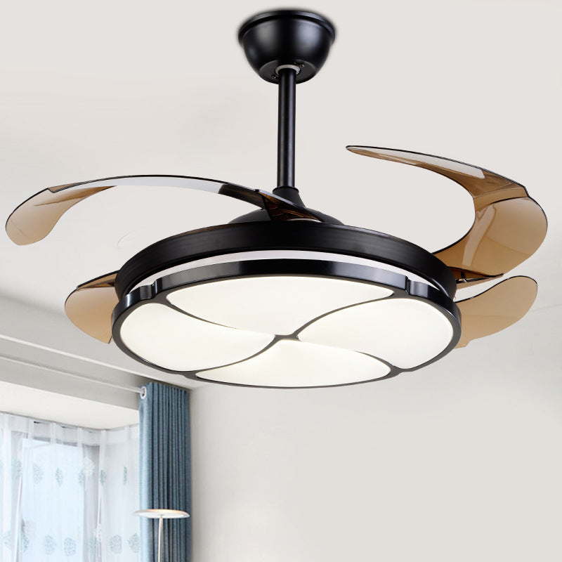 Nordic LED Hanging Fan Light Black Blossom 19" Wide Semi Flush Mount with Acrylic Shade, 4 Blades Clearhalo 'Ceiling Fans with Lights' 'Ceiling Fans' 'Modern Ceiling Fans' 'Modern' Lighting' 1982285