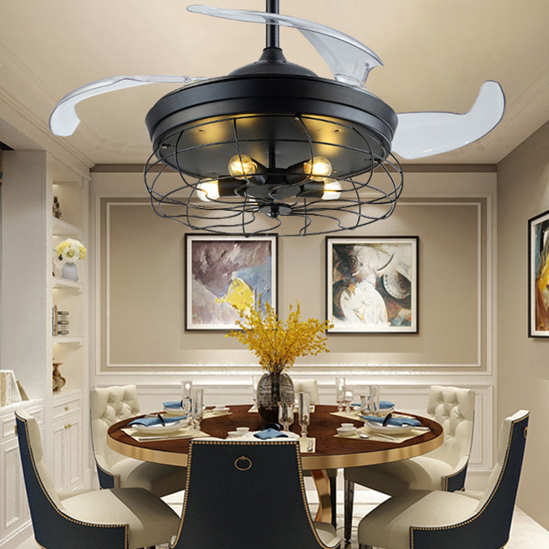 Metal Caged Pendant Fan Lamp Modernism 20" Wide 5 Lights Semi Flush Ceiling Light in Black with 4 Blades Black Clearhalo 'Ceiling Fans with Lights' 'Ceiling Fans' 'Modern Ceiling Fans' 'Modern' Lighting' 1982288