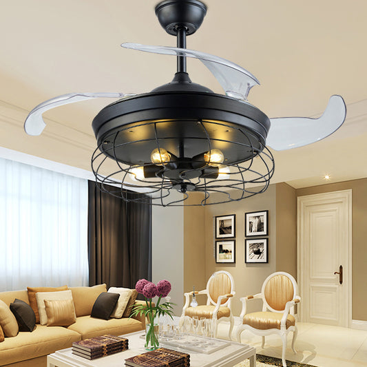 Metal Caged Pendant Fan Lamp Modernism 20" Wide 5 Lights Semi Flush Ceiling Light in Black with 4 Blades Clearhalo 'Ceiling Fans with Lights' 'Ceiling Fans' 'Modern Ceiling Fans' 'Modern' Lighting' 1982289