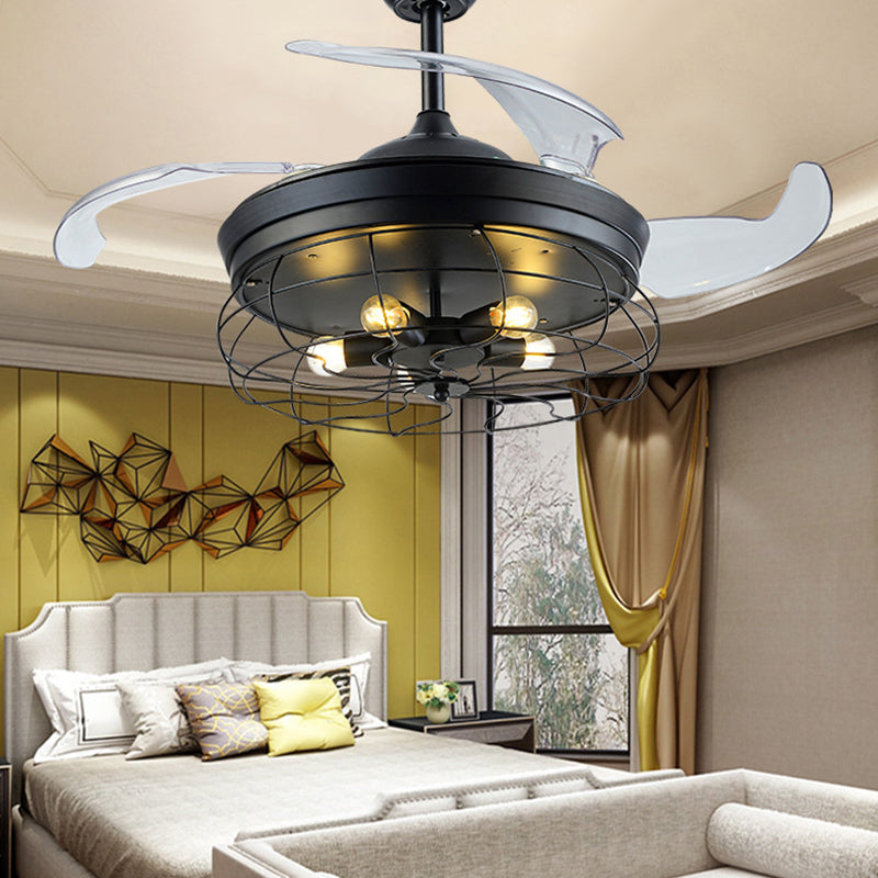 Metal Caged Pendant Fan Lamp Modernism 20" Wide 5 Lights Semi Flush Ceiling Light in Black with 4 Blades Clearhalo 'Ceiling Fans with Lights' 'Ceiling Fans' 'Modern Ceiling Fans' 'Modern' Lighting' 1982290