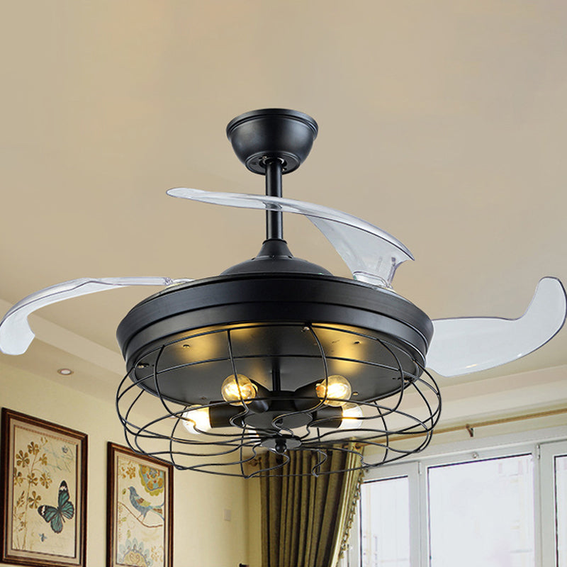 Metal Caged Pendant Fan Lamp Modernism 20" Wide 5 Lights Semi Flush Ceiling Light in Black with 4 Blades Clearhalo 'Ceiling Fans with Lights' 'Ceiling Fans' 'Modern Ceiling Fans' 'Modern' Lighting' 1982291