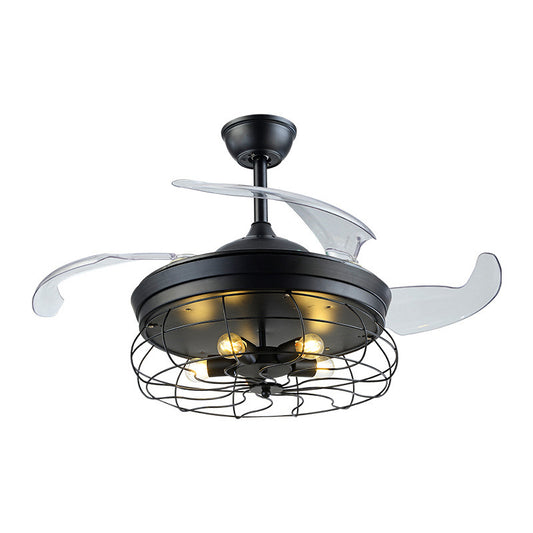 Metal Caged Pendant Fan Lamp Modernism 20" Wide 5 Lights Semi Flush Ceiling Light in Black with 4 Blades Clearhalo 'Ceiling Fans with Lights' 'Ceiling Fans' 'Modern Ceiling Fans' 'Modern' Lighting' 1982292