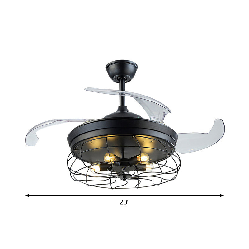 Metal Caged Pendant Fan Lamp Modernism 20" Wide 5 Lights Semi Flush Ceiling Light in Black with 4 Blades Clearhalo 'Ceiling Fans with Lights' 'Ceiling Fans' 'Modern Ceiling Fans' 'Modern' Lighting' 1982293