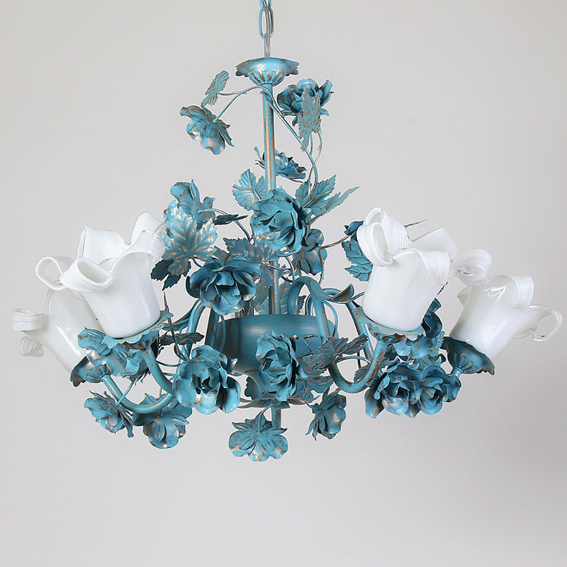 Flower Living Room Chandelier Lamp Korean Garden Milky Frosted Glass 3/5/8-Bulb Blue Hanging Ceiling Light Clearhalo 'Ceiling Lights' 'Chandeliers' Lighting' options 1982305