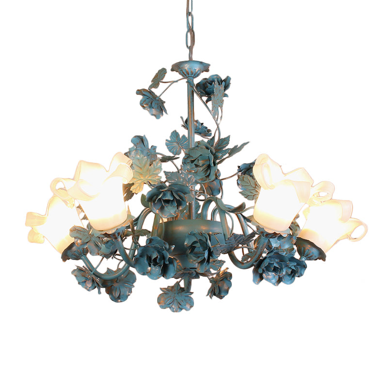Flower Living Room Chandelier Lamp Korean Garden Milky Frosted Glass 3/5/8-Bulb Blue Hanging Ceiling Light Clearhalo 'Ceiling Lights' 'Chandeliers' Lighting' options 1982307