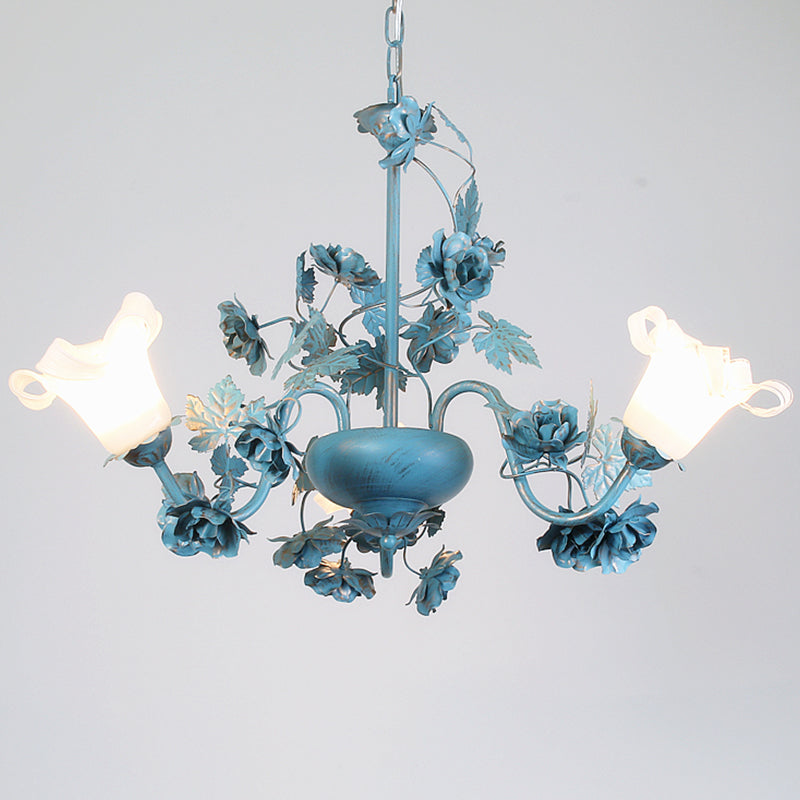 Flower Living Room Chandelier Lamp Korean Garden Milky Frosted Glass 3/5/8-Bulb Blue Hanging Ceiling Light 3 Blue Clearhalo 'Ceiling Lights' 'Chandeliers' Lighting' options 1982309_a49b966d-129a-4dc3-95e2-07fa2d2f6935