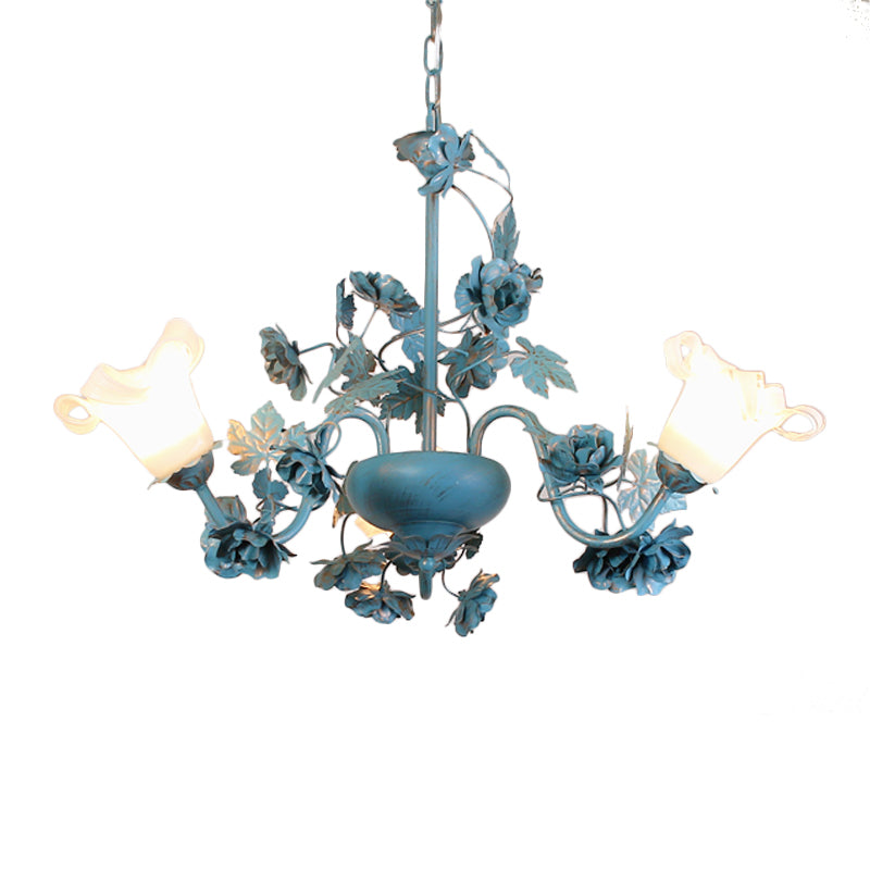 Flower Living Room Chandelier Lamp Korean Garden Milky Frosted Glass 3/5/8-Bulb Blue Hanging Ceiling Light Clearhalo 'Ceiling Lights' 'Chandeliers' Lighting' options 1982311