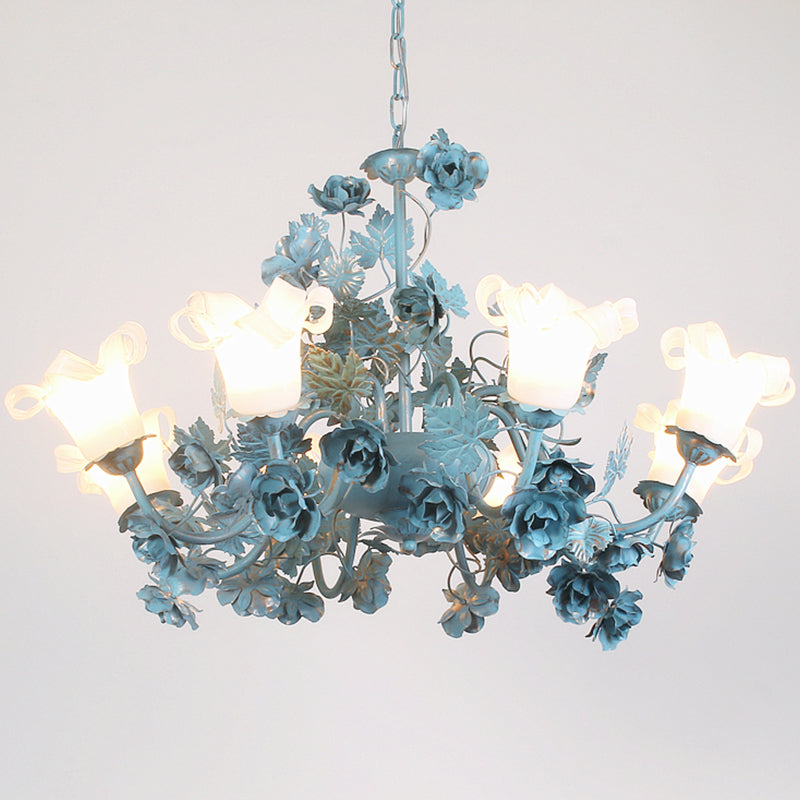 Flower Living Room Chandelier Lamp Korean Garden Milky Frosted Glass 3/5/8-Bulb Blue Hanging Ceiling Light 8 Blue Clearhalo 'Ceiling Lights' 'Chandeliers' Lighting' options 1982313_2f843ca0-a0b1-48d9-bbf1-ce06b4d2763a