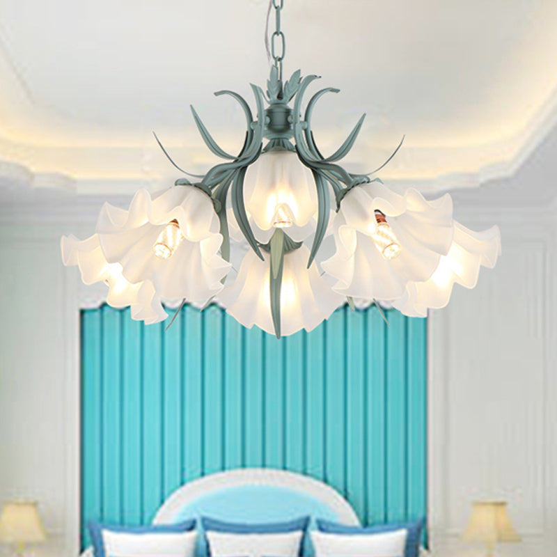 Green/Pink 4/6/9-Head Chandelier Lamp Korean Flower Frosted Glass Ruffle Hanging Pendant Light for Dinning Room 6 Green Clearhalo 'Ceiling Lights' 'Chandeliers' Lighting' options 1982317_205a5a96-c3ef-4013-a78c-b87912d4dbd2
