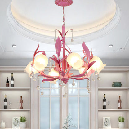 6/8-Light Flower Ceiling Chandelier Korean Garden Green/Pink Frosted Glass Suspension Pendant Light 6 Pink Clearhalo 'Ceiling Lights' 'Chandeliers' Lighting' options 1982351_00171ea6-2336-4146-b120-3ad0dfbd09da