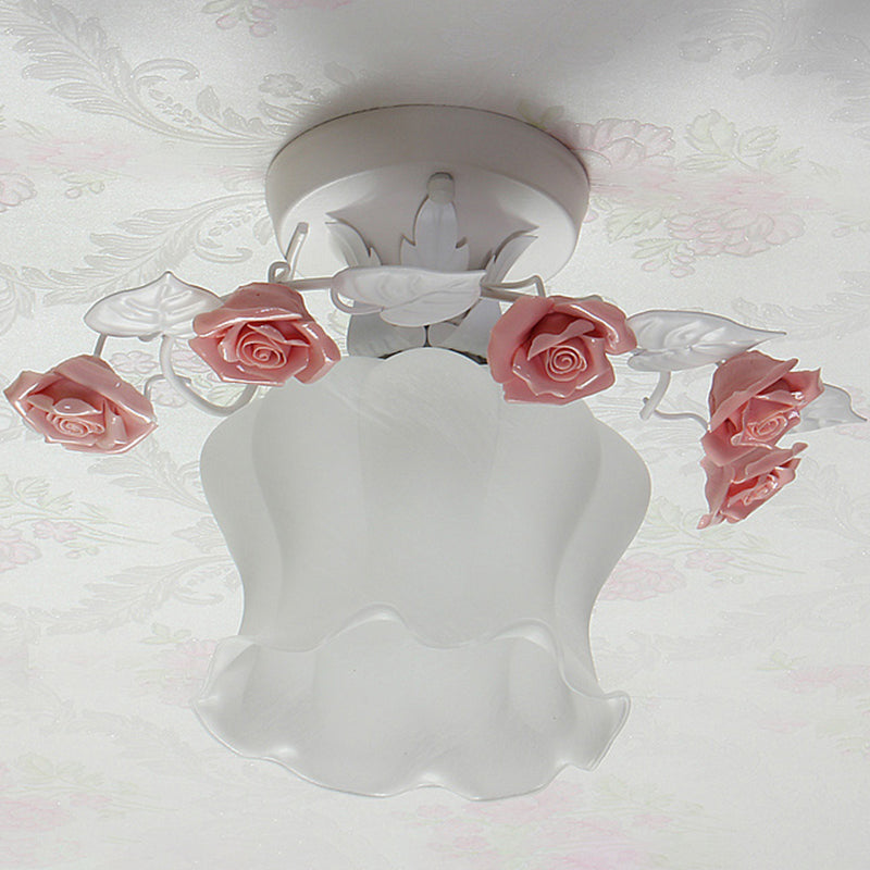 Ruffle Frosted White Glass Semi Flush Mounted Light Pastoral Style 1-Light Dining Room Ceiling Lighting in Pink/White/Blue White Clearhalo 'Ceiling Lights' 'Close To Ceiling Lights' 'Close to ceiling' 'Glass shade' 'Glass' 'Pendant Lights' 'Semi-flushmount' Lighting' 1982470