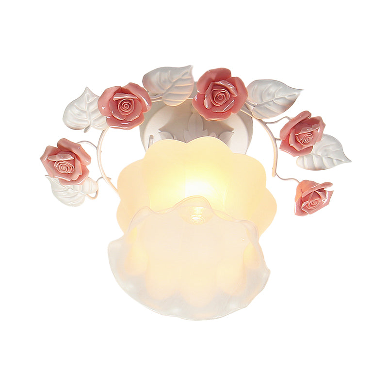 Ruffle Frosted White Glass Semi Flush Mounted Light Pastoral Style 1-Light Dining Room Ceiling Lighting in Pink/White/Blue Clearhalo 'Ceiling Lights' 'Close To Ceiling Lights' 'Close to ceiling' 'Glass shade' 'Glass' 'Pendant Lights' 'Semi-flushmount' Lighting' 1982472