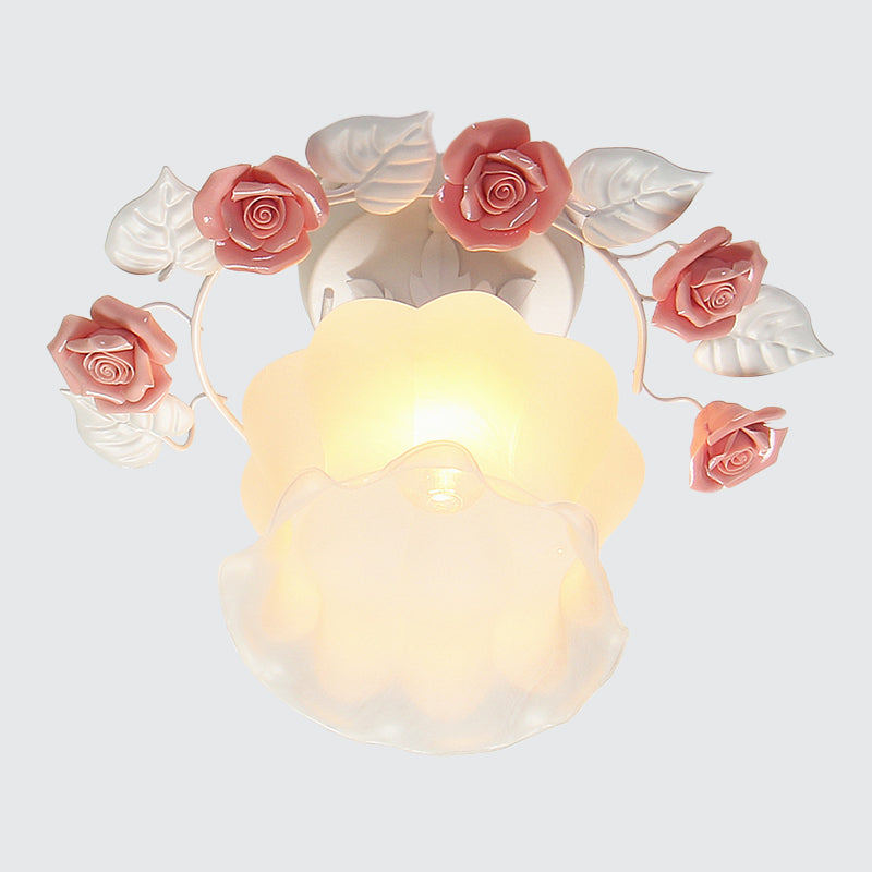Ruffle Frosted White Glass Semi Flush Mounted Light Pastoral Style 1-Light Dining Room Ceiling Lighting in Pink/White/Blue Clearhalo 'Ceiling Lights' 'Close To Ceiling Lights' 'Close to ceiling' 'Glass shade' 'Glass' 'Pendant Lights' 'Semi-flushmount' Lighting' 1982473