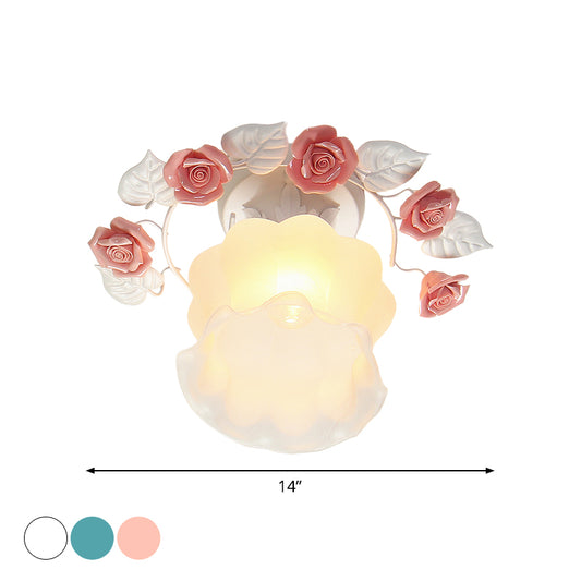 Ruffle Frosted White Glass Semi Flush Mounted Light Pastoral Style 1-Light Dining Room Ceiling Lighting in Pink/White/Blue Clearhalo 'Ceiling Lights' 'Close To Ceiling Lights' 'Close to ceiling' 'Glass shade' 'Glass' 'Pendant Lights' 'Semi-flushmount' Lighting' 1982474