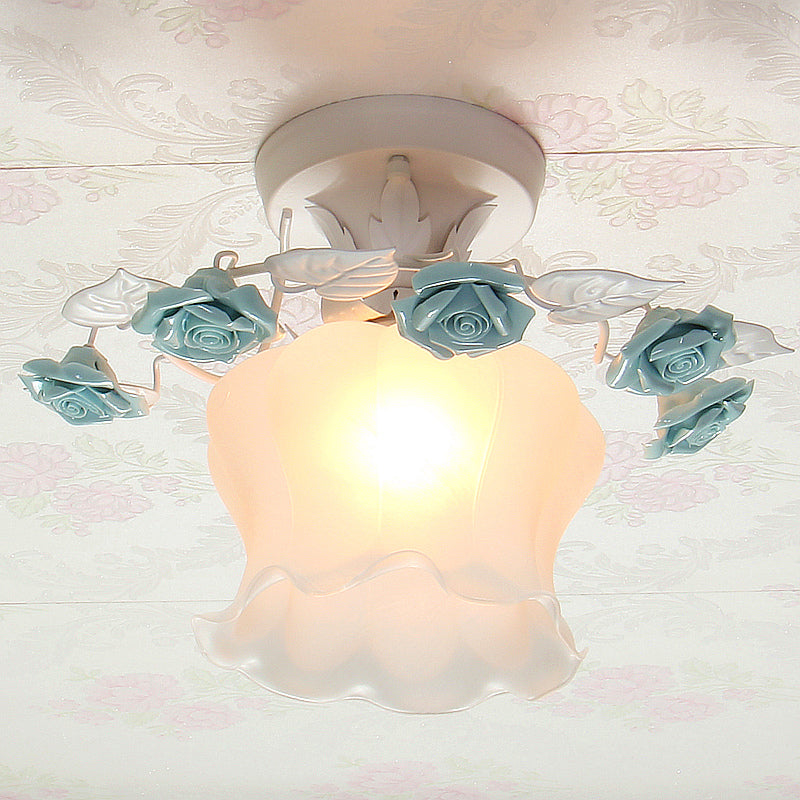 Ruffle Frosted White Glass Semi Flush Mounted Light Pastoral Style 1-Light Dining Room Ceiling Lighting in Pink/White/Blue Blue Clearhalo 'Ceiling Lights' 'Close To Ceiling Lights' 'Close to ceiling' 'Glass shade' 'Glass' 'Pendant Lights' 'Semi-flushmount' Lighting' 1982475