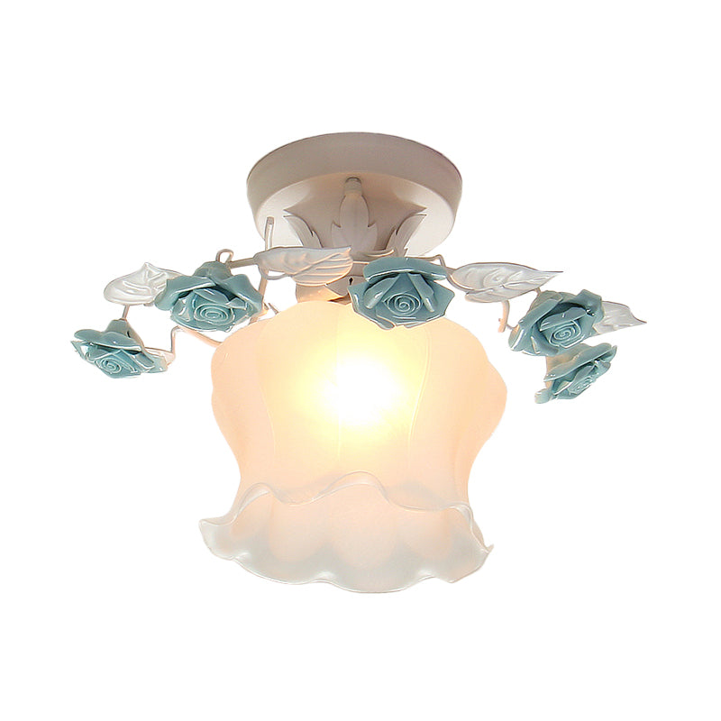 Ruffle Frosted White Glass Semi Flush Mounted Light Pastoral Style 1-Light Dining Room Ceiling Lighting in Pink/White/Blue Clearhalo 'Ceiling Lights' 'Close To Ceiling Lights' 'Close to ceiling' 'Glass shade' 'Glass' 'Pendant Lights' 'Semi-flushmount' Lighting' 1982477