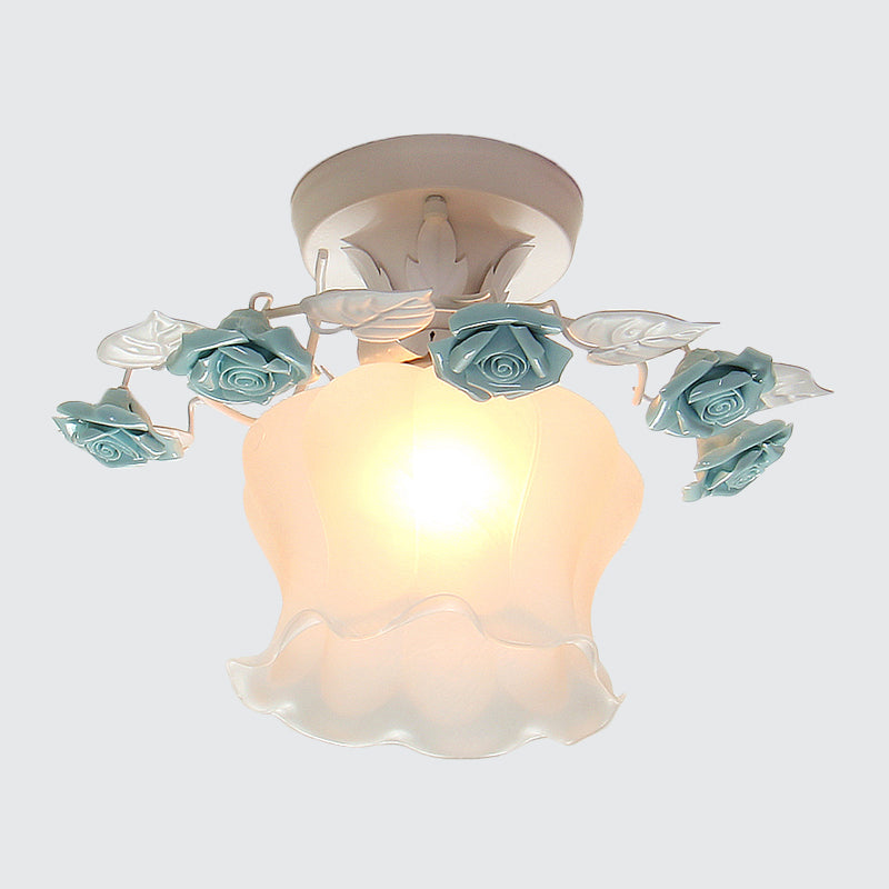 Ruffle Frosted White Glass Semi Flush Mounted Light Pastoral Style 1-Light Dining Room Ceiling Lighting in Pink/White/Blue Clearhalo 'Ceiling Lights' 'Close To Ceiling Lights' 'Close to ceiling' 'Glass shade' 'Glass' 'Pendant Lights' 'Semi-flushmount' Lighting' 1982478