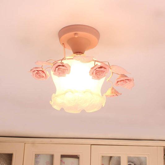 Ruffle Frosted White Glass Semi Flush Mounted Light Pastoral Style 1-Light Dining Room Ceiling Lighting in Pink/White/Blue Pink Clearhalo 'Ceiling Lights' 'Close To Ceiling Lights' 'Close to ceiling' 'Glass shade' 'Glass' 'Pendant Lights' 'Semi-flushmount' Lighting' 1982479