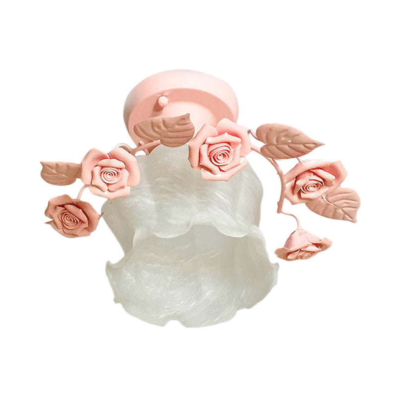 Ruffle Frosted White Glass Semi Flush Mounted Light Pastoral Style 1-Light Dining Room Ceiling Lighting in Pink/White/Blue Clearhalo 'Ceiling Lights' 'Close To Ceiling Lights' 'Close to ceiling' 'Glass shade' 'Glass' 'Pendant Lights' 'Semi-flushmount' Lighting' 1982480