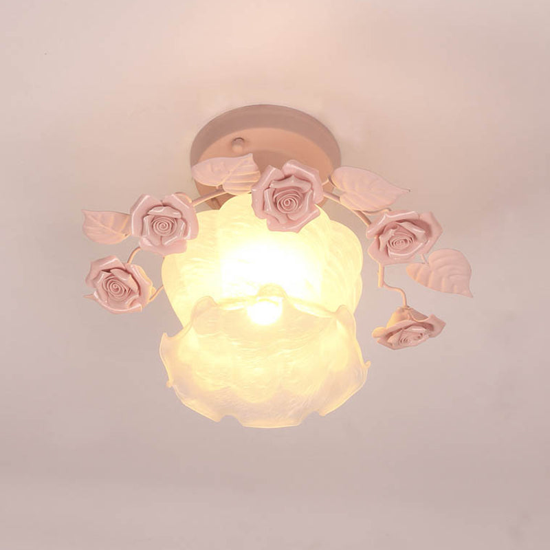 Ruffle Frosted White Glass Semi Flush Mounted Light Pastoral Style 1-Light Dining Room Ceiling Lighting in Pink/White/Blue Clearhalo 'Ceiling Lights' 'Close To Ceiling Lights' 'Close to ceiling' 'Glass shade' 'Glass' 'Pendant Lights' 'Semi-flushmount' Lighting' 1982481
