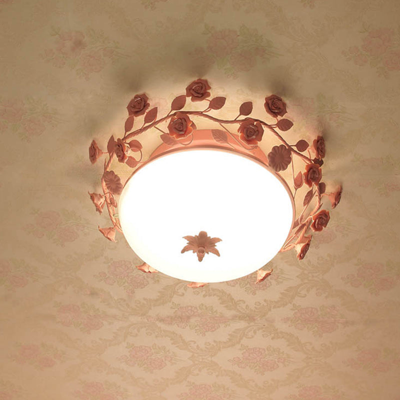 Pastoral Style Dome Flush Ceiling Light 1 Light Frosted White Glass Flush Mount Lamp with Flower Deco in Pink Pink Clearhalo 'Ceiling Lights' 'Close To Ceiling Lights' 'Close to ceiling' 'Flush mount' Lighting' 1982483