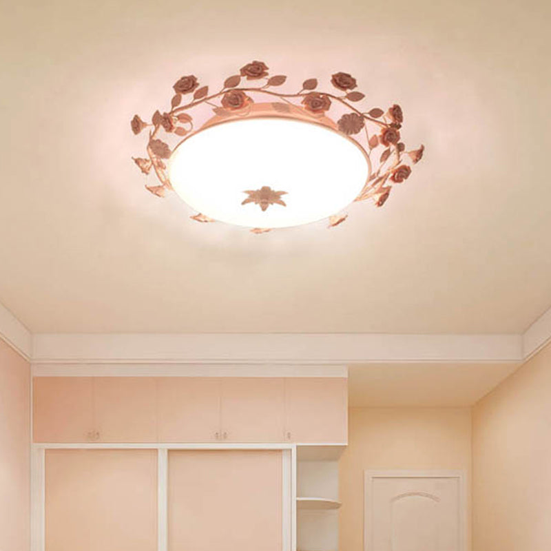 Pastoral Style Dome Flush Ceiling Light 1 Light Frosted White Glass Flush Mount Lamp with Flower Deco in Pink Clearhalo 'Ceiling Lights' 'Close To Ceiling Lights' 'Close to ceiling' 'Flush mount' Lighting' 1982484