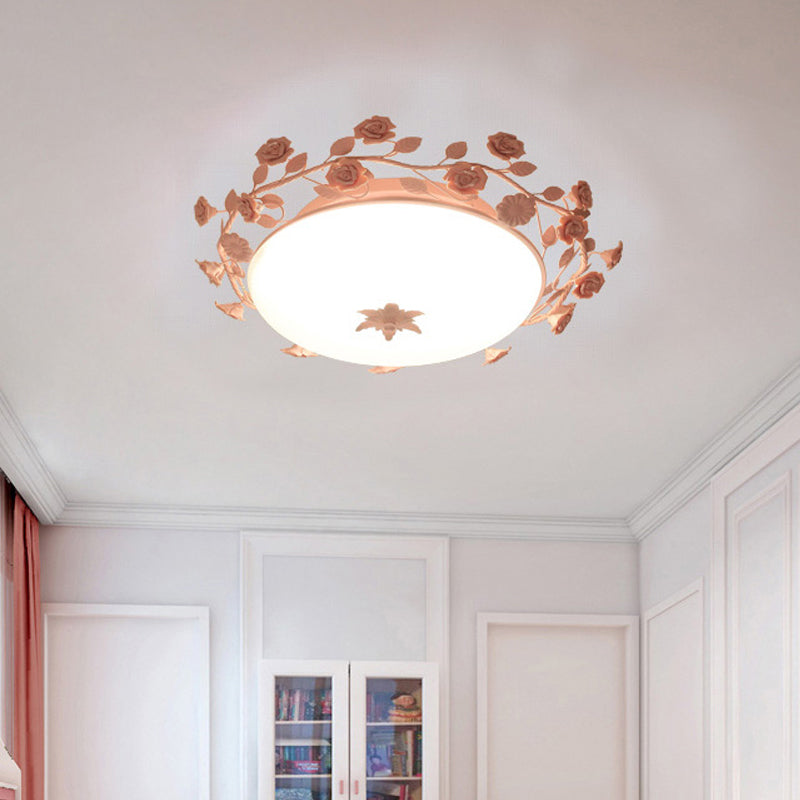 Pastoral Style Dome Flush Ceiling Light 1 Light Frosted White Glass Flush Mount Lamp with Flower Deco in Pink Clearhalo 'Ceiling Lights' 'Close To Ceiling Lights' 'Close to ceiling' 'Flush mount' Lighting' 1982485