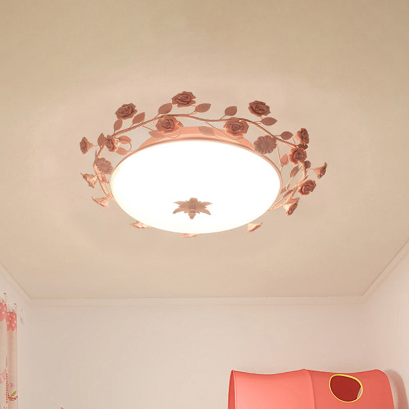 Pastoral Style Dome Flush Ceiling Light 1 Light Frosted White Glass Flush Mount Lamp with Flower Deco in Pink Clearhalo 'Ceiling Lights' 'Close To Ceiling Lights' 'Close to ceiling' 'Flush mount' Lighting' 1982486