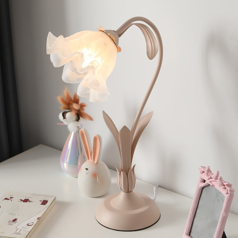 Flower Shape Frosted White Glass Night Lamp Countryside 1-Light Kids Room Table Light in Pink/Green Clearhalo 'Lamps' 'Table Lamps' Lighting' 1982490