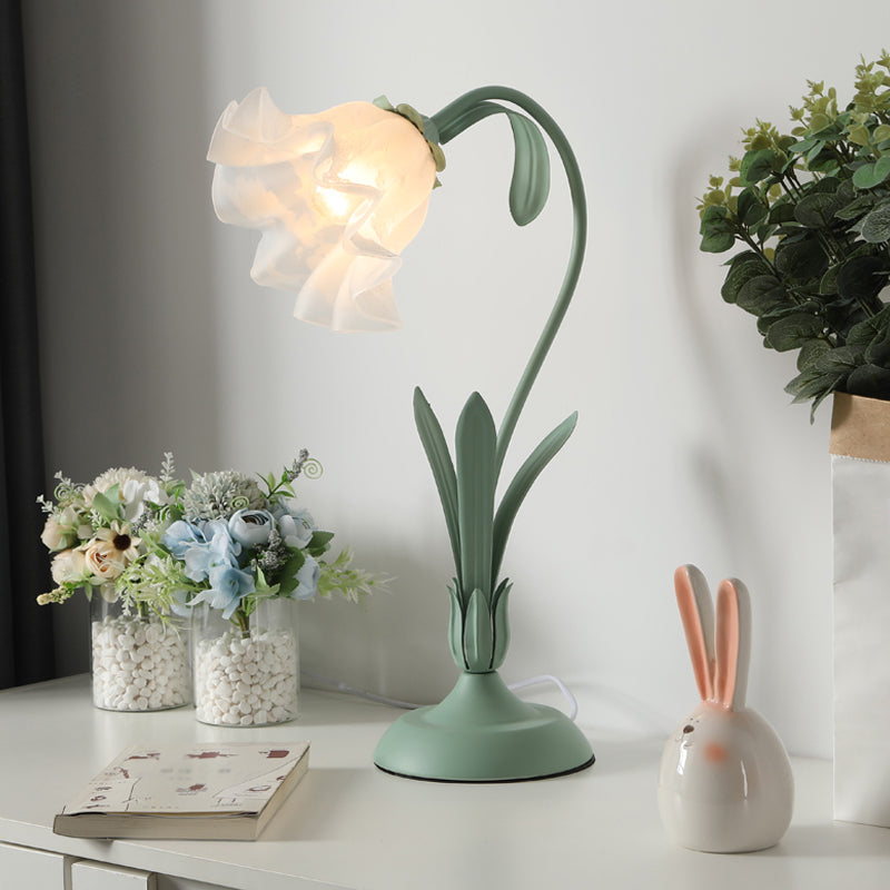 Flower Shape Frosted White Glass Night Lamp Countryside 1-Light Kids Room Table Light in Pink/Green Green Clearhalo 'Lamps' 'Table Lamps' Lighting' 1982494