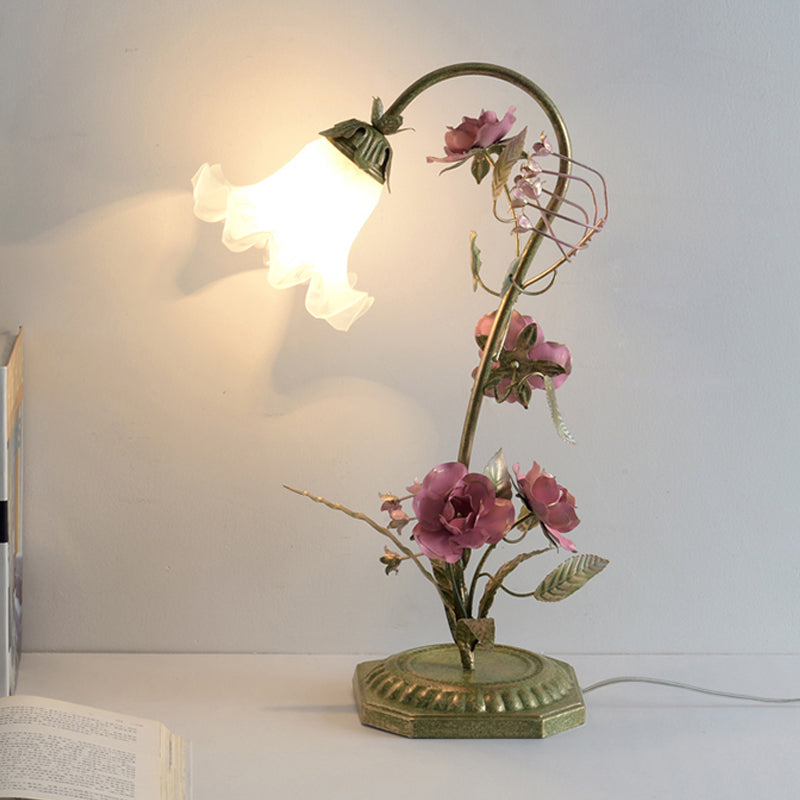 Frosted Milky Glass Ruffle Nightstand Lamp Pastoral Style 1-Light Bedroom Night Light with Green Arm and Flower Deco Clearhalo 'Lamps' 'Table Lamps' Lighting' 1982501