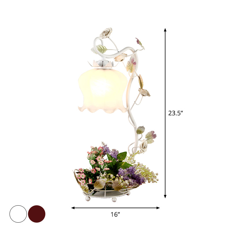 1-Head Night Light American Flower Bedroom Table Lamp with Ruffle Frosted White Glass Shade in White/Red Clearhalo 'Lamps' 'Table Lamps' Lighting' 1982508