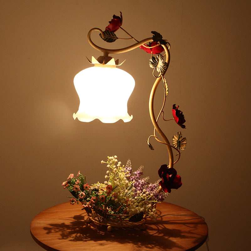 1-Head Night Light American Flower Bedroom Table Lamp with Ruffle Frosted White Glass Shade in White/Red Red Clearhalo 'Lamps' 'Table Lamps' Lighting' 1982509