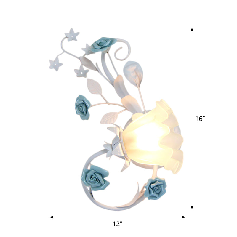 Left/Right Flower Shade Frosted Glass Wall Sconce Countryside 1-Light Bedroom Wall Mount Lamp in White Clearhalo 'Wall Lamps & Sconces' 'Wall Lights' Lighting' 1982522
