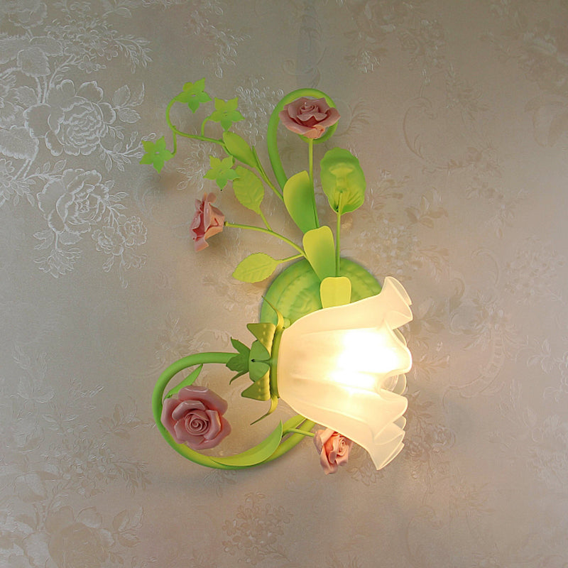 Single Left/Right Wall Sconce Lamp Pastoral Ruffle Frosted White Glass Wall Mount Light in Green with/without Switch Green Right No Switch Clearhalo 'Wall Lamps & Sconces' 'Wall Lights' Lighting' 1982535