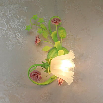 Single Left/Right Wall Sconce Lamp Pastoral Ruffle Frosted White Glass Wall Mount Light in Green with/without Switch Green Right No Switch Clearhalo 'Wall Lamps & Sconces' 'Wall Lights' Lighting' 1982535