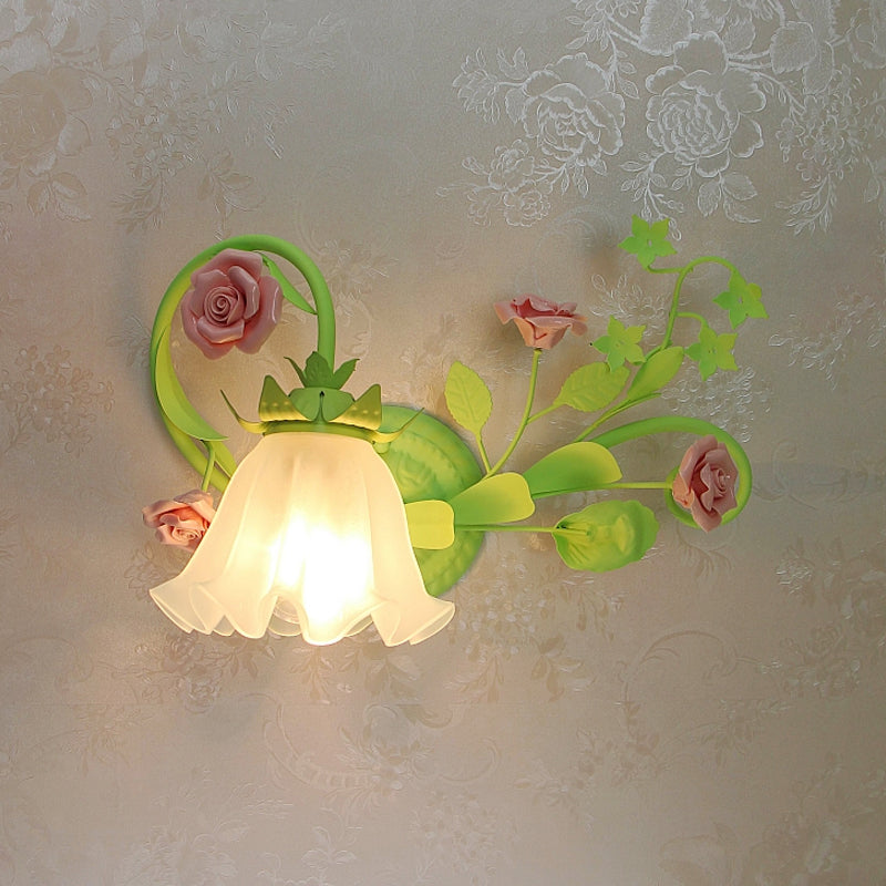 Single Left/Right Wall Sconce Lamp Pastoral Ruffle Frosted White Glass Wall Mount Light in Green with/without Switch Clearhalo 'Wall Lamps & Sconces' 'Wall Lights' Lighting' 1982536