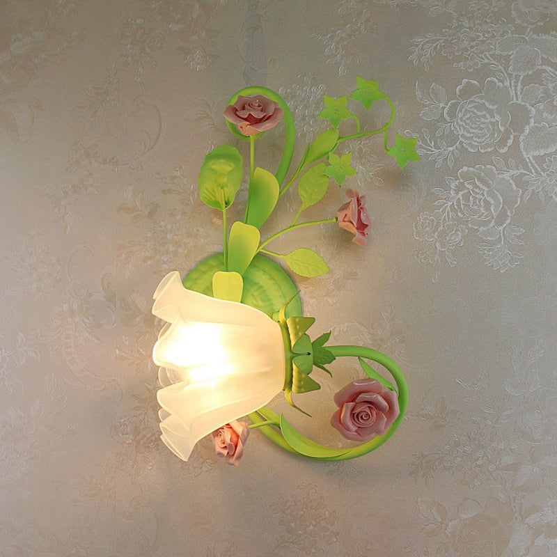Single Left/Right Wall Sconce Lamp Pastoral Ruffle Frosted White Glass Wall Mount Light in Green with/without Switch Green Left No Switch Clearhalo 'Wall Lamps & Sconces' 'Wall Lights' Lighting' 1982539