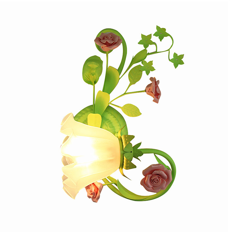 Single Left/Right Wall Sconce Lamp Pastoral Ruffle Frosted White Glass Wall Mount Light in Green with/without Switch Clearhalo 'Wall Lamps & Sconces' 'Wall Lights' Lighting' 1982540