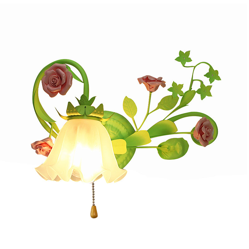 Single Left/Right Wall Sconce Lamp Pastoral Ruffle Frosted White Glass Wall Mount Light in Green with/without Switch Clearhalo 'Wall Lamps & Sconces' 'Wall Lights' Lighting' 1982544