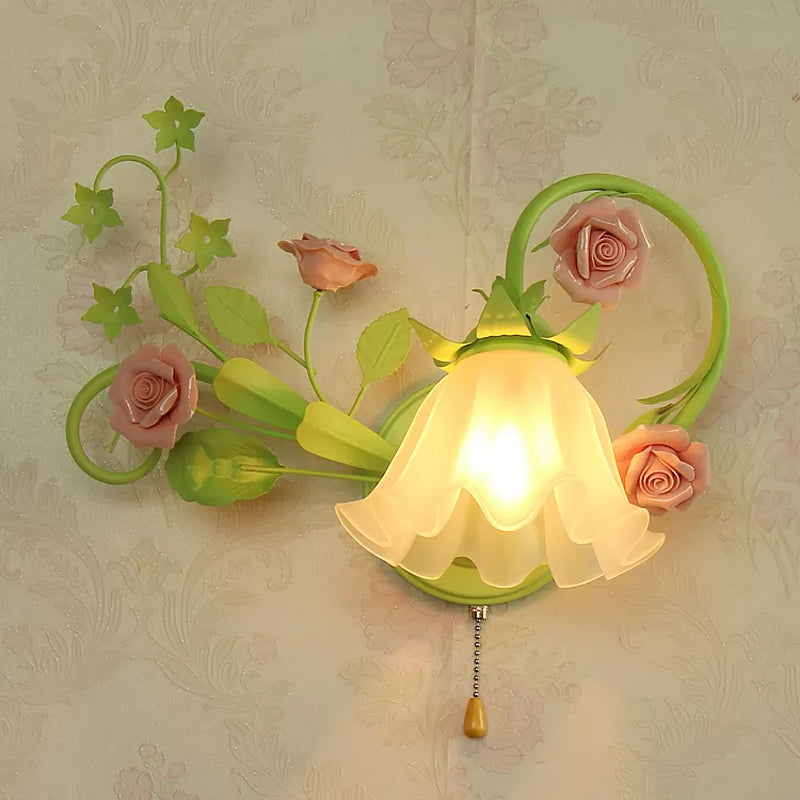 Single Left/Right Wall Sconce Lamp Pastoral Ruffle Frosted White Glass Wall Mount Light in Green with/without Switch Green Left with Switch Clearhalo 'Wall Lamps & Sconces' 'Wall Lights' Lighting' 1982546