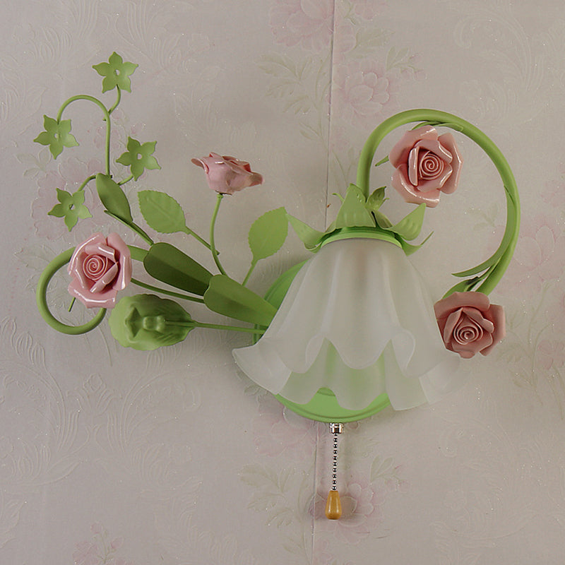 Single Left/Right Wall Sconce Lamp Pastoral Ruffle Frosted White Glass Wall Mount Light in Green with/without Switch Clearhalo 'Wall Lamps & Sconces' 'Wall Lights' Lighting' 1982547