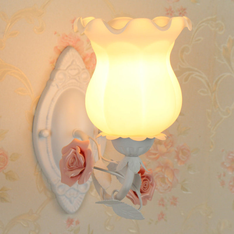 Pink/Green/Blue 1-Light Wall Sconce American Garden Frosted White Glass Floral Wall Mounted Light Clearhalo 'Wall Lamps & Sconces' 'Wall Lights' Lighting' 1982563