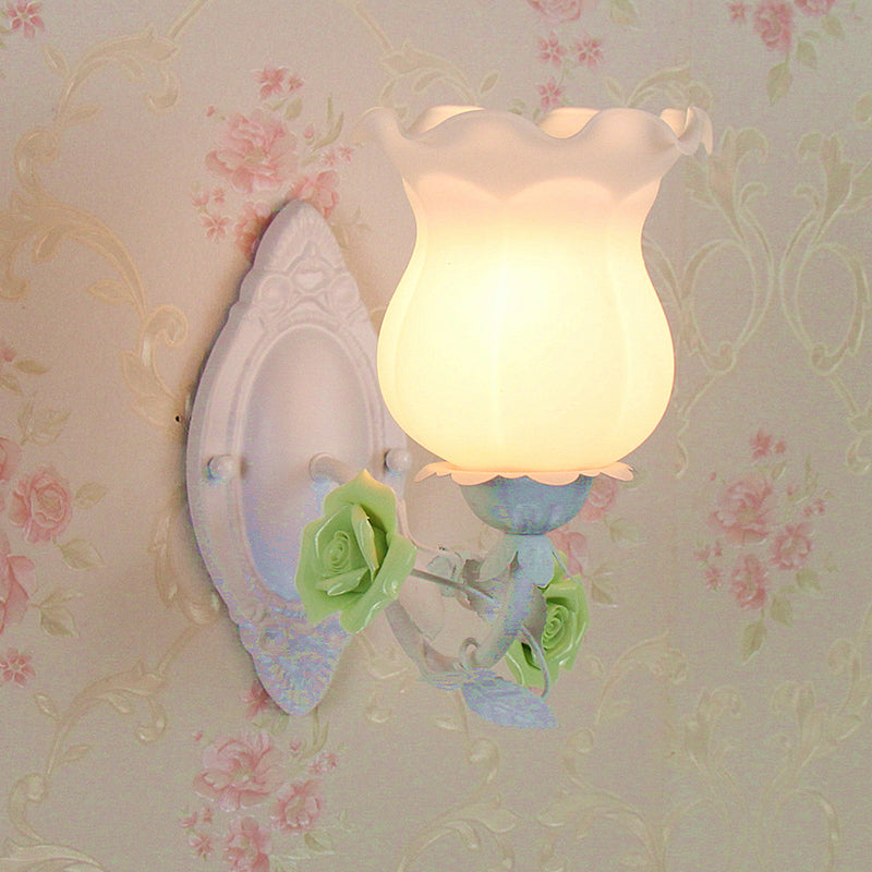 Pink/Green/Blue 1-Light Wall Sconce American Garden Frosted White Glass Floral Wall Mounted Light Green Clearhalo 'Wall Lamps & Sconces' 'Wall Lights' Lighting' 1982568