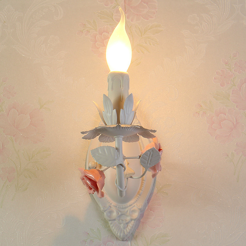 Blue/Pink 1-Light Wall Mount Lamp Pastoral Metallic Candle Wall Sconce Lighting with Flower Deco Pink Clearhalo 'Wall Lamps & Sconces' 'Wall Lights' Lighting' 1982570